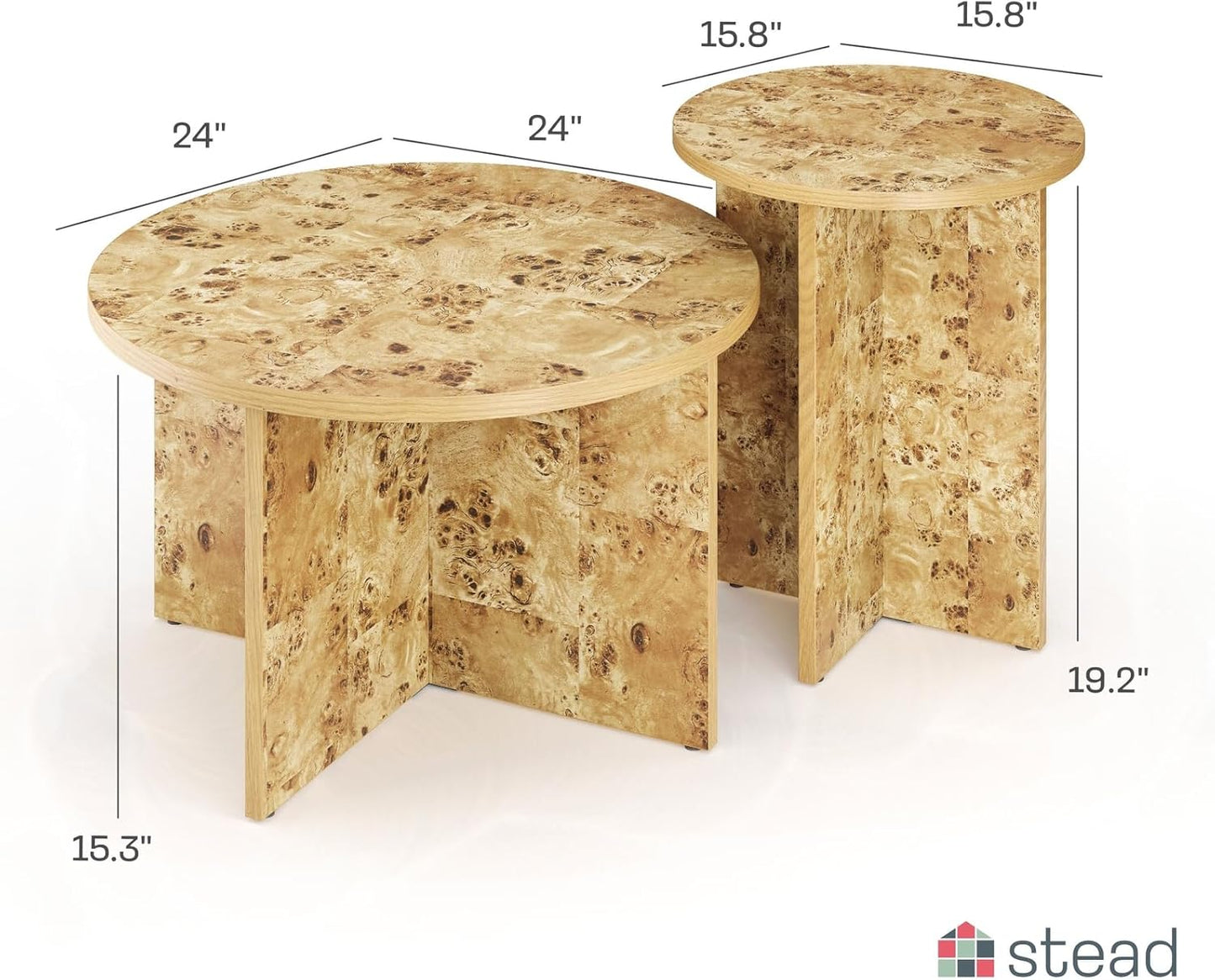 Burl Wood Round Nesting Coffee Tables - Modern Living Room Furniture - Organic Modern Drink Desk - Stylish Home Decor - 2 Piece Tables Set - Burl Top and Base - Regenerative Marketplace