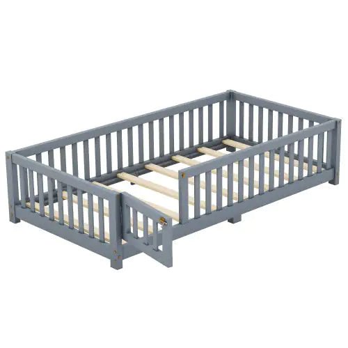Twin Size Bed Floor Bed With Safety Guardrails And Door For Kids, Gray - Regenerative Marketplace