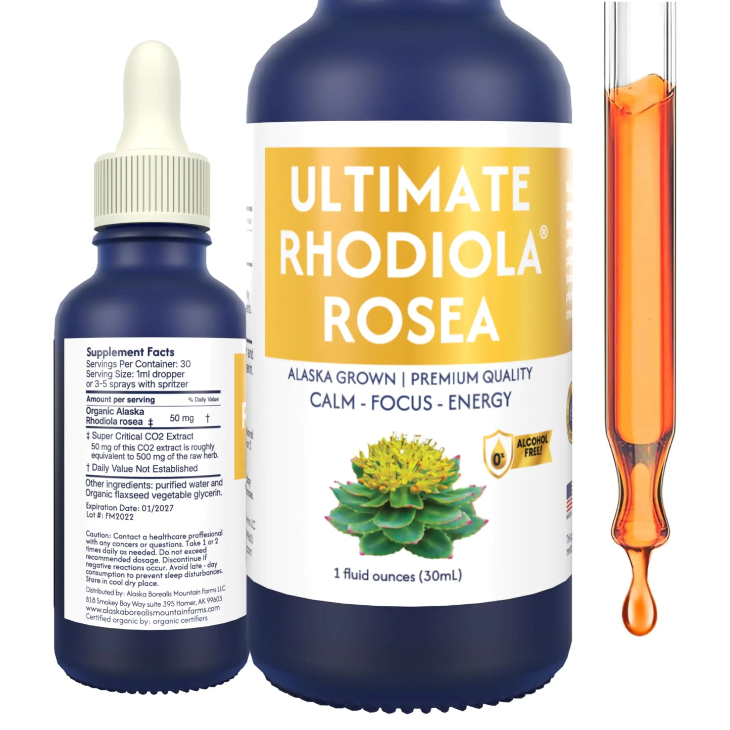 Ultimate Rhodiola Rosea Tincture - Organic Alaska Grown Alcohol-Free Full Spectrum CO2 Extract. Adaptogenic Nootropic for Stress Relief & Energy. American Made.
