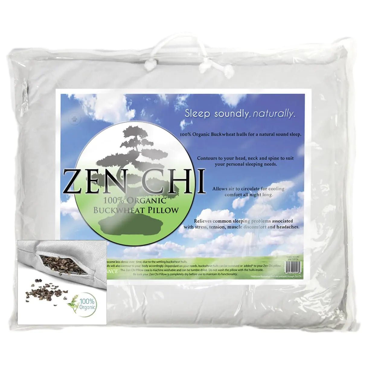 Zen Chi Organic Queen Size Buckwheat Pillow for Sleeping (20"X30") w Natural Cooling Technology All Cotton Cover w Organic Buckwheat Hulls - Xmas Gift Sleep Naturally Adjusts to Head - Regenerative Marketplace