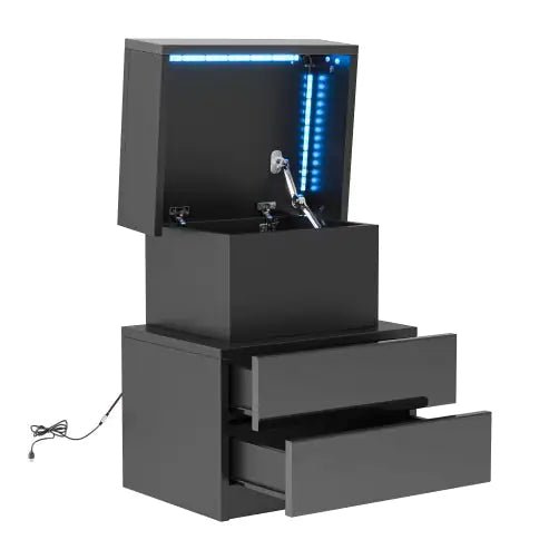 NEW LED Nightstand Modern Black Nightstand With Led Lights Wood Led Bedside Table Nightstand With 2 High Gloss Drawers For Bedroom - Regenerative Marketplace
