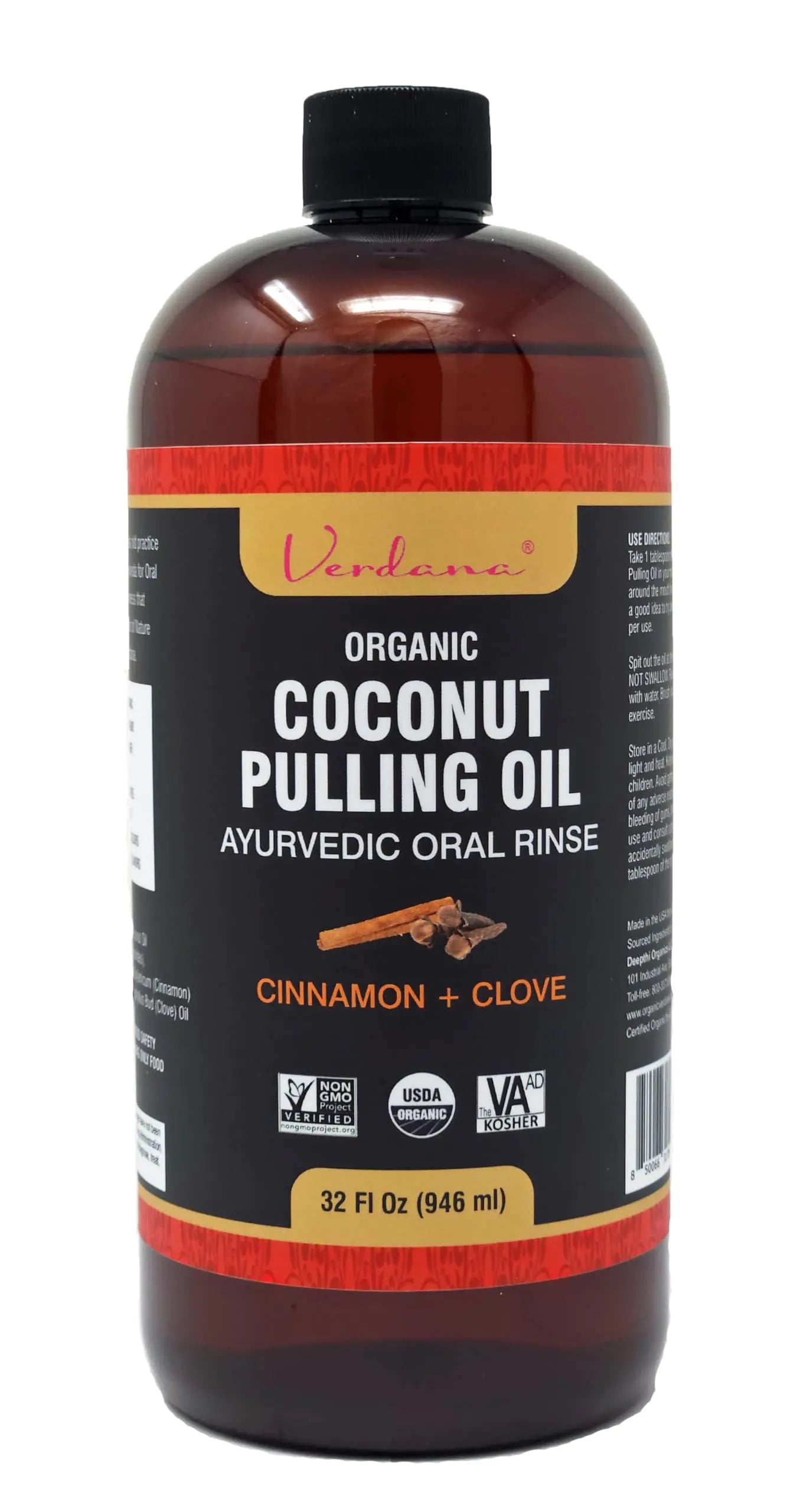 Verdana Organic Coconut Pulling Oil – Big 32 Fl Oz Size – Cinnamon + Clove - Ayurvedic Oral Rinse – USDA Organic Kosher Non - GMO - Alcohol & Floride Free for Fresh Breath Healthy Teeth - Regenerative Marketplace