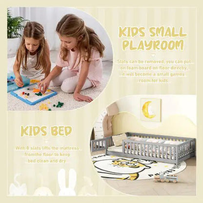 Twin Size Bed Floor Bed With Safety Guardrails And Door For Kids, Gray - Regenerative Marketplace