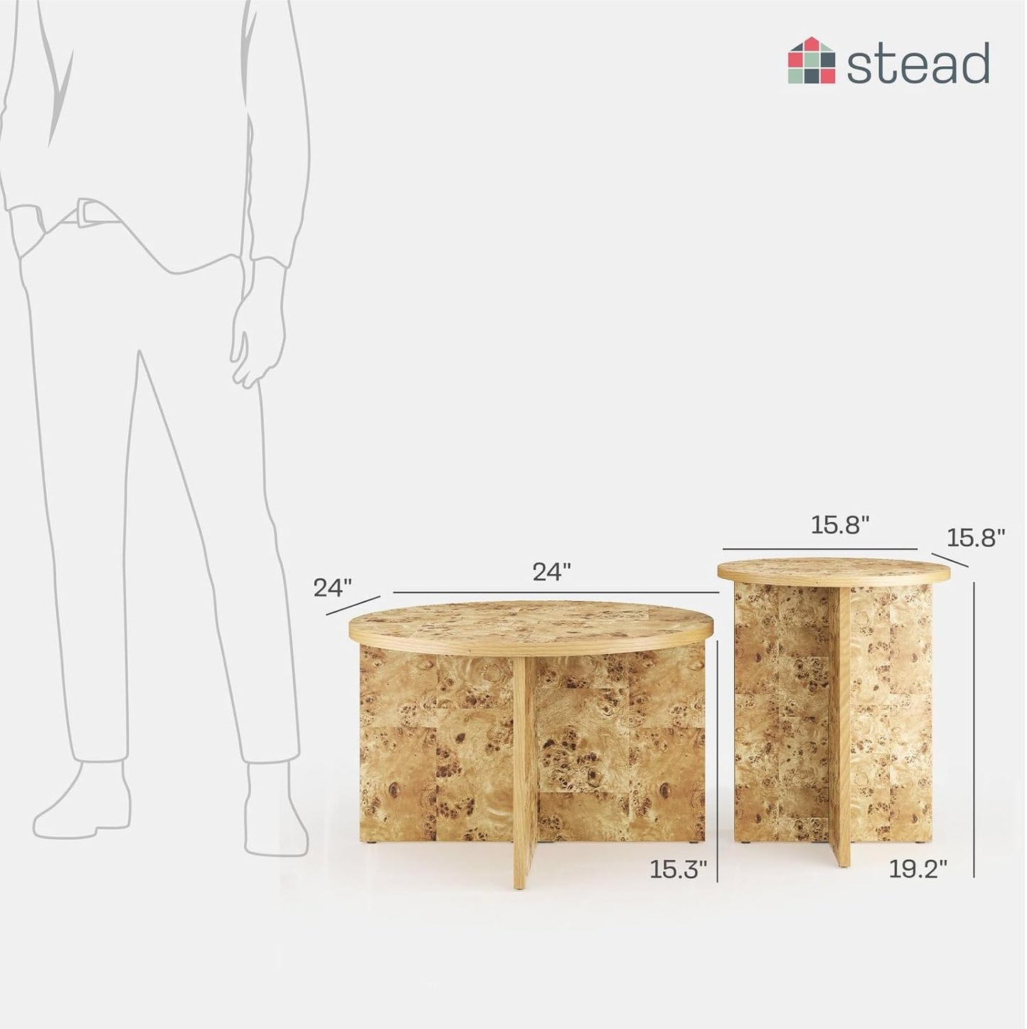 Burl Wood Round Nesting Coffee Tables - Modern Living Room Furniture - Organic Modern Drink Desk - Stylish Home Decor - 2 Piece Tables Set - Burl Top and Base - Regenerative Marketplace