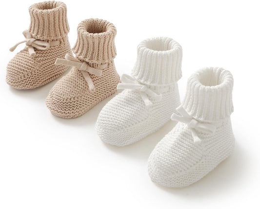 2 Pairs Baby Booties 100% Cotton Knitted Newborn First Cozy Warm Crib Shoes for Toddler Infant Boy Girl Babys Shower Gift - Regenerative Marketplace