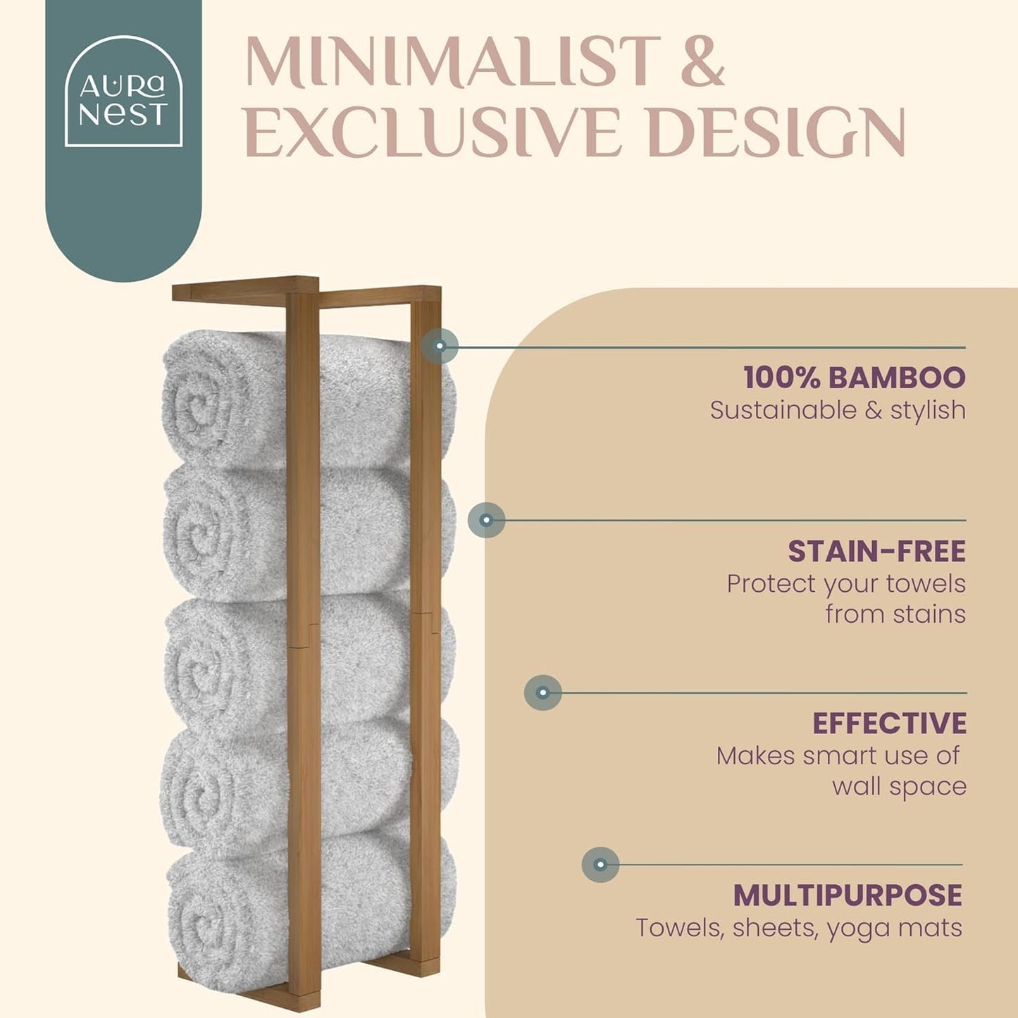 Bamboo Towel Racks - Vertical Wood Towel Rack Bamboo Bathroom Accessories, Storage, Wall Towel Rack for Rolled Towels for Bathroom Furniture, Spa Furniture and Decor - Regenerative Marketplace