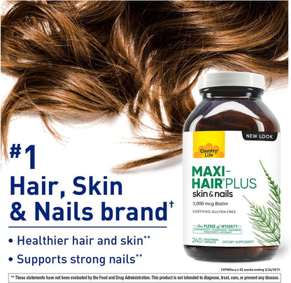 Country Life, Maxi - Hair Plus Biotin, Supports Healthy Hair, Skin and Nails, Daily Supplement, 240 ct - Regenerative Marketplace