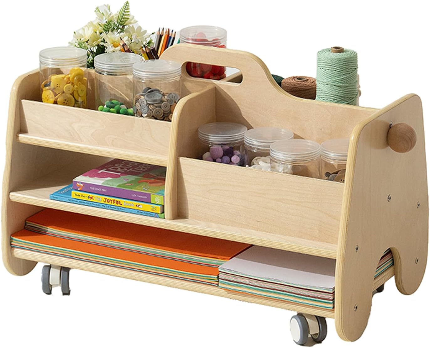 Wooden Storage Organizer Cart for Kids Double - Sided Rolling Utility Cart with Wheels Movable Birch Art Supply Organizer Kids Montessori Furniture for Nursery Kids Room Playroom Natural - Regenerative Marketplace