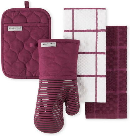 KITCHENAID Quilted Cotton Terry Cloth Oven Mitt, Pot Holder, Kitchen Towel 4 - Pack Set, Heat Resistant, Silicone Grip, 16"x26", 7"x13" & 7"x10", Milkshake - Regenerative Marketplace
