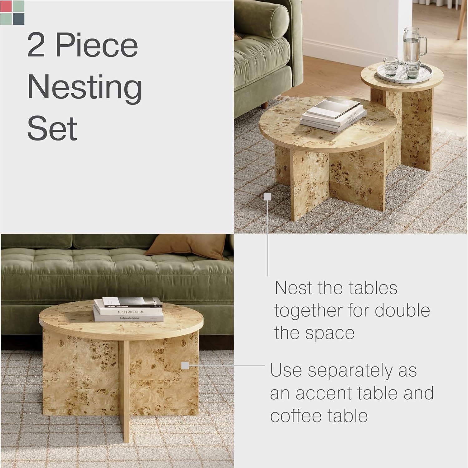 Burl Wood Round Nesting Coffee Tables - Modern Living Room Furniture - Organic Modern Drink Desk - Stylish Home Decor - 2 Piece Tables Set - Burl Top and Base - Regenerative Marketplace