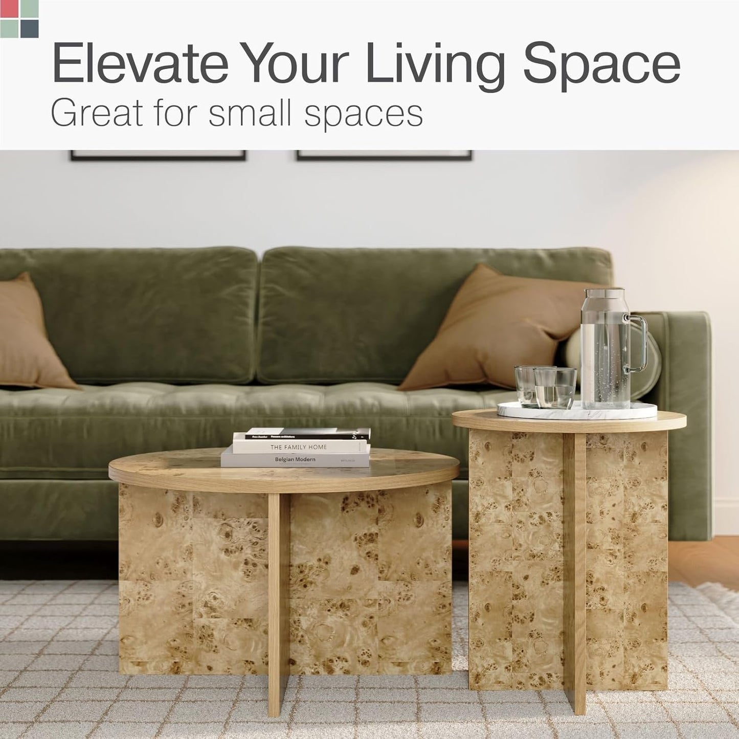 Burl Wood Round Nesting Coffee Tables - Modern Living Room Furniture - Organic Modern Drink Desk - Stylish Home Decor - 2 Piece Tables Set - Burl Top and Base - Regenerative Marketplace