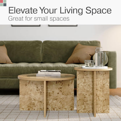 Burl Wood Round Nesting Coffee Tables - Modern Living Room Furniture - Organic Modern Drink Desk - Stylish Home Decor - 2 Piece Tables Set - Burl Top and Base - Regenerative Marketplace