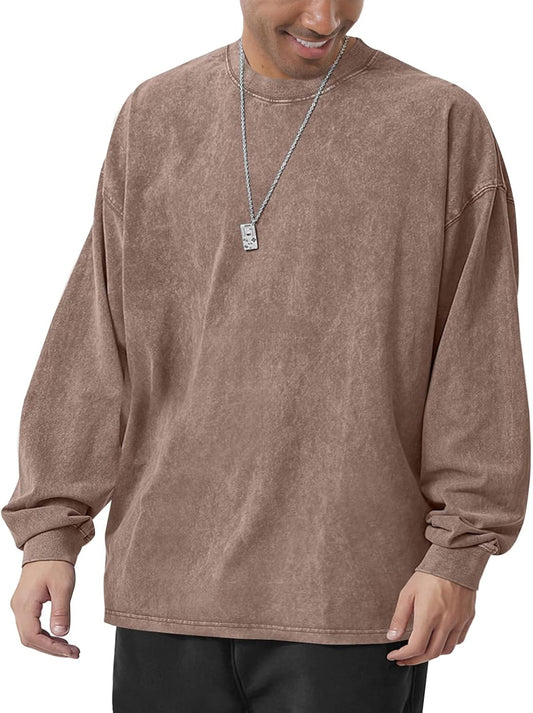 Men's Oversized Cotton T-Shirts Heavy Weight Crew Neck Vintage Wash Tee Long Sleeve Casual Gym Workout Tops - Regenerative Marketplace