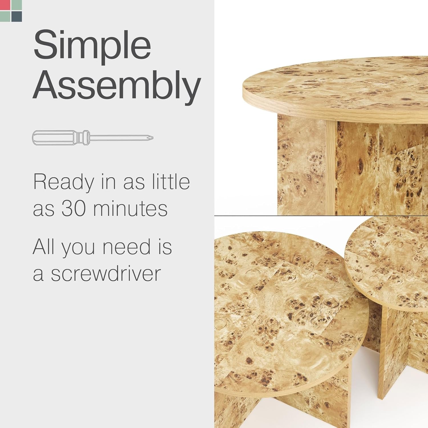 Burl Wood Round Nesting Coffee Tables - Modern Living Room Furniture - Organic Modern Drink Desk - Stylish Home Decor - 2 Piece Tables Set - Burl Top and Base - Regenerative Marketplace