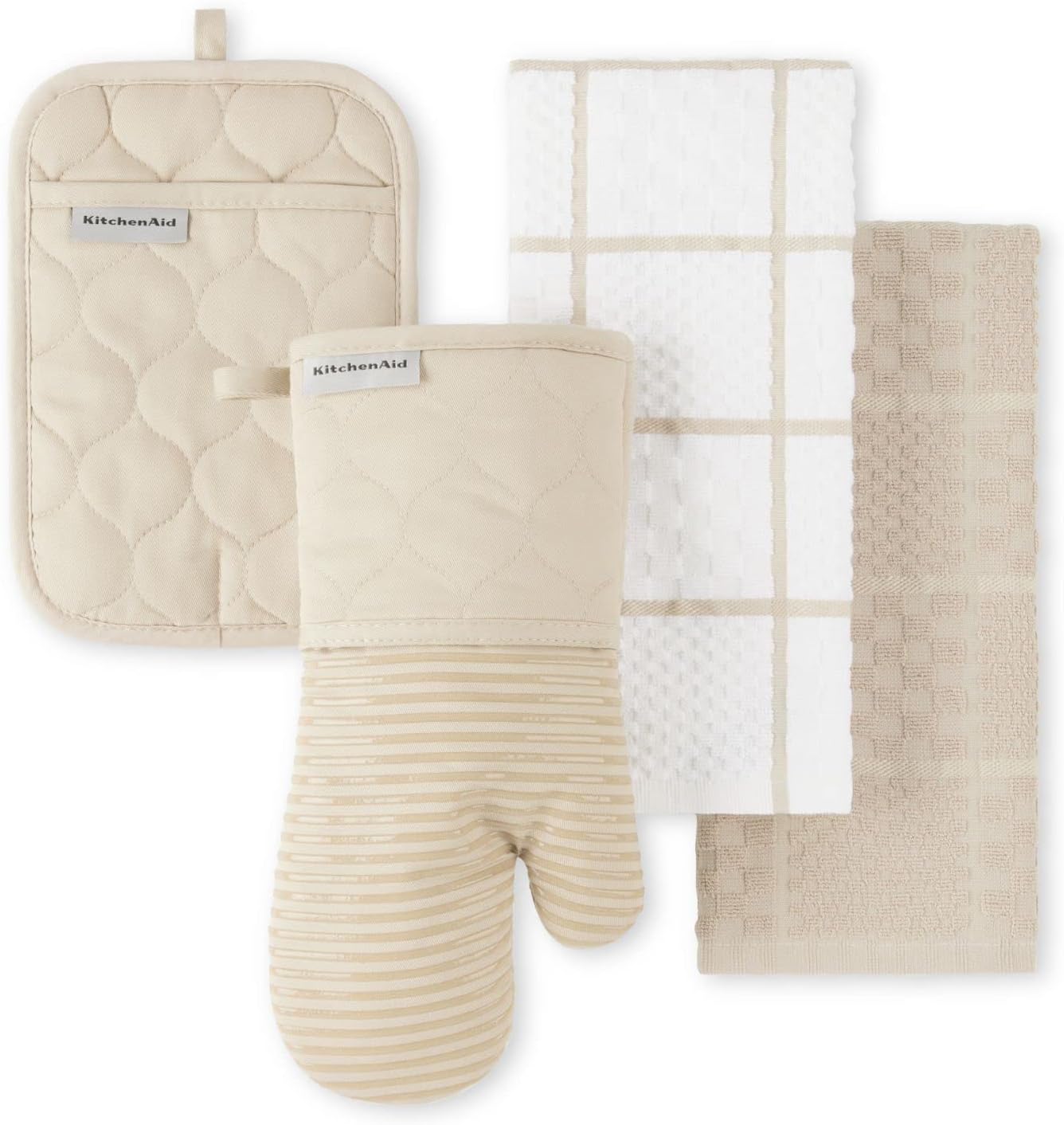 KITCHENAID Quilted Cotton Terry Cloth Oven Mitt, Pot Holder, Kitchen Towel 4 - Pack Set, Heat Resistant, Silicone Grip, 16"x26", 7"x13" & 7"x10", Milkshake - Regenerative Marketplace