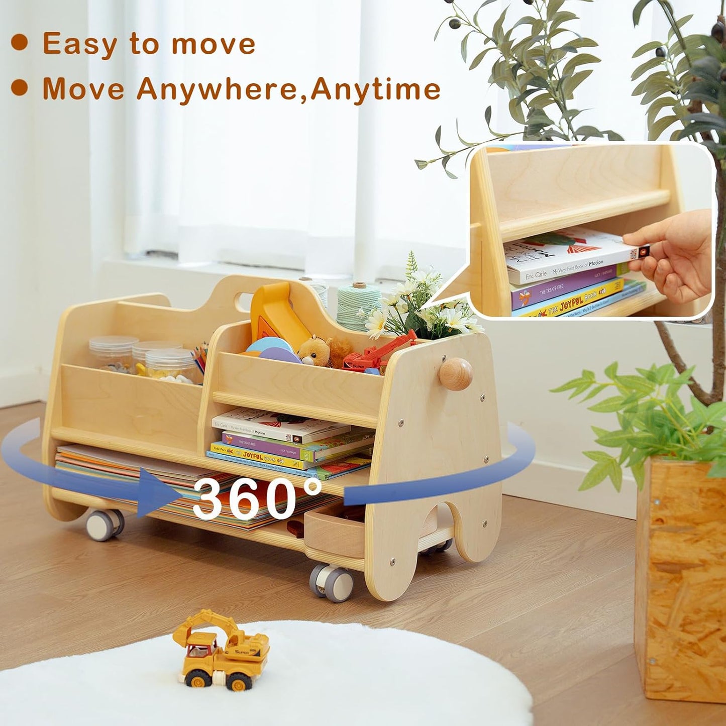 Wooden Storage Organizer Cart for Kids Double - Sided Rolling Utility Cart with Wheels Movable Birch Art Supply Organizer Kids Montessori Furniture for Nursery Kids Room Playroom Natural - Regenerative Marketplace