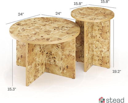 Burl Wood Round Nesting Coffee Tables - Modern Living Room Furniture - Organic Modern Drink Desk - Stylish Home Decor - 2 Piece Tables Set - Burl Top and Base - Regenerative Marketplace
