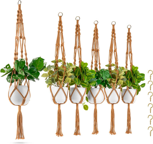 Sorbus Macrame Plant Hanger (6 Pack) Indoor Outdoor Hanging Plant Pots Cotton Rope, Elegant for Home, Patio, Garden (Brown) - Regenerative Marketplace