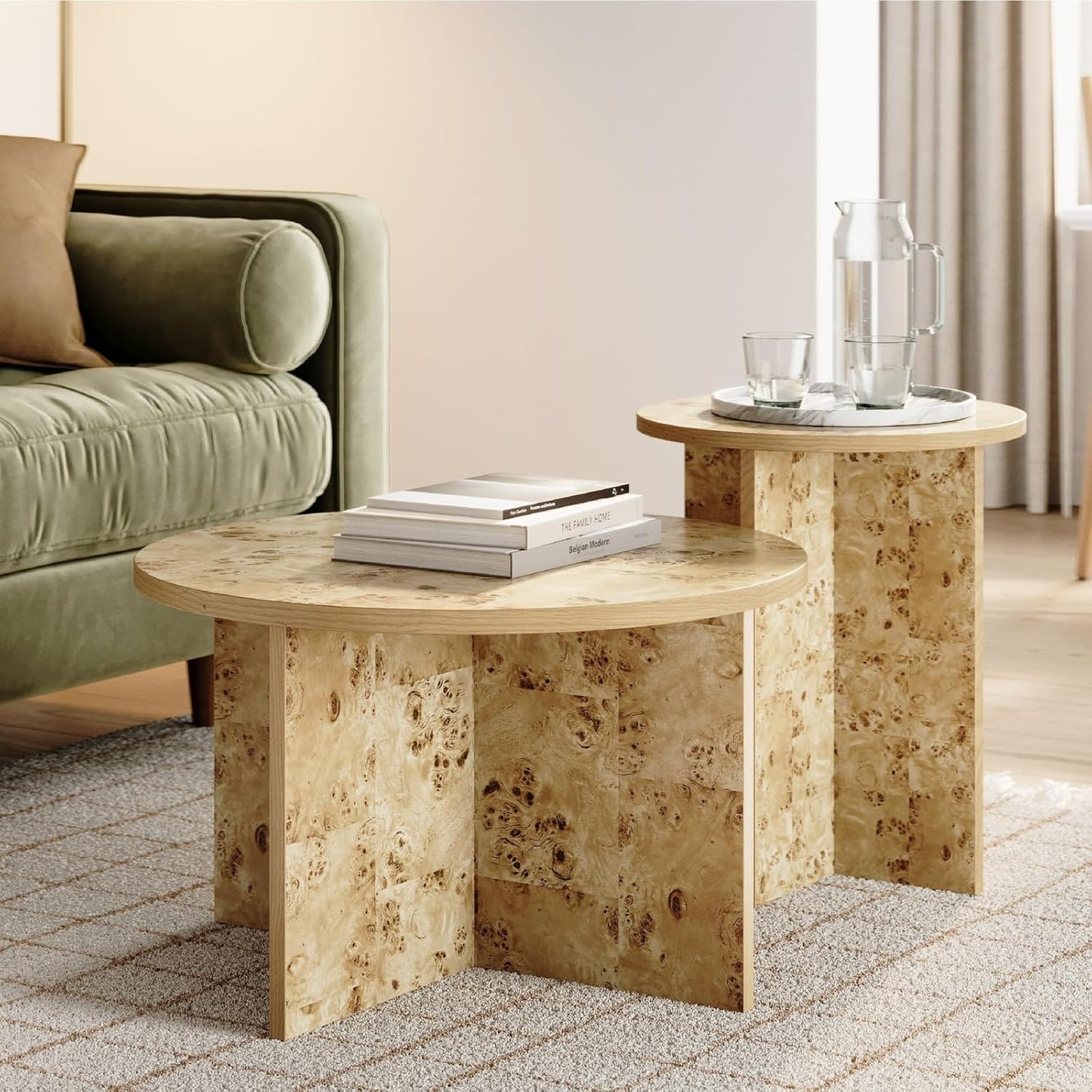 Burl Wood Round Nesting Coffee Tables - Modern Living Room Furniture - Organic Modern Drink Desk - Stylish Home Decor - 2 Piece Tables Set - Burl Top and Base - Regenerative Marketplace