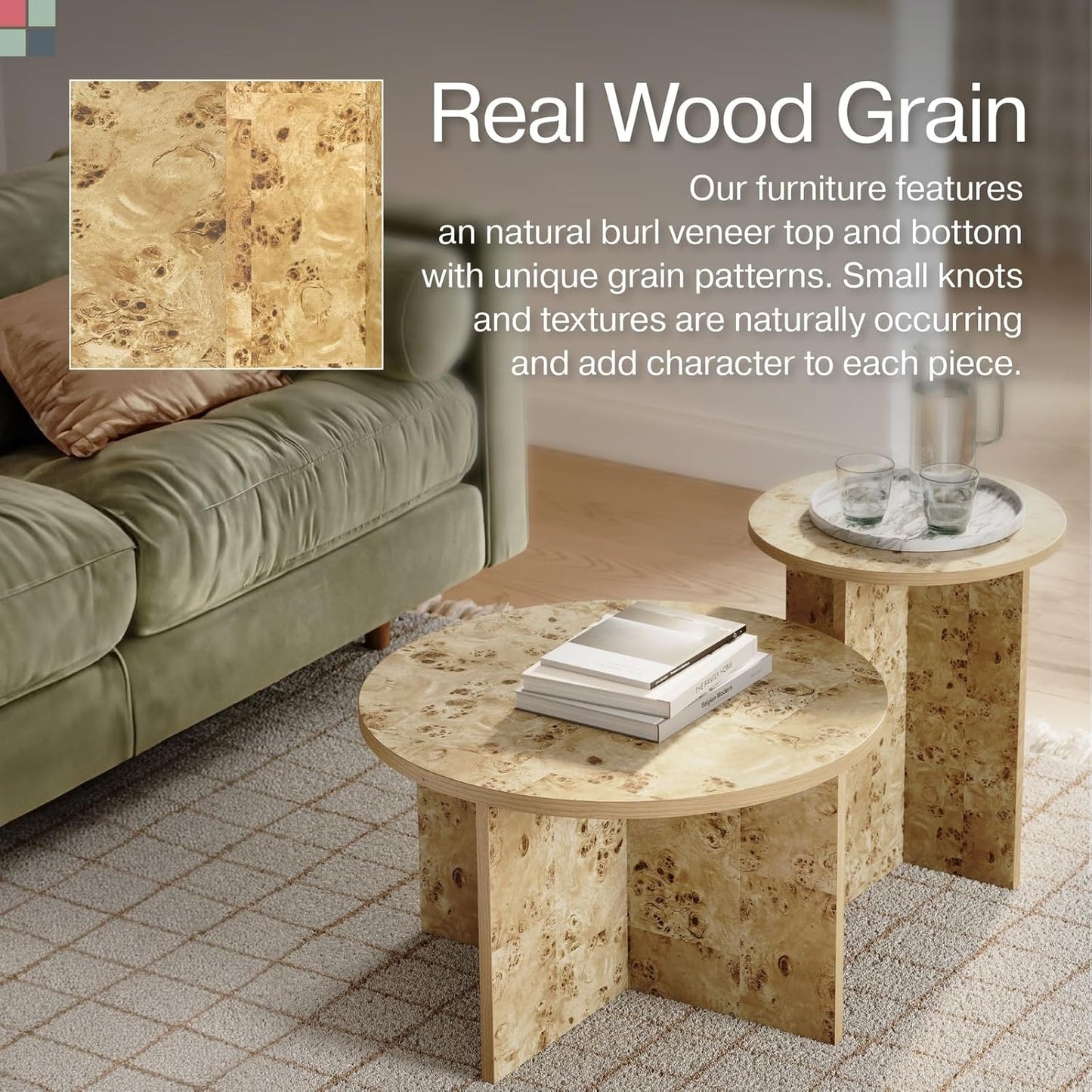 Burl Wood Round Nesting Coffee Tables - Modern Living Room Furniture - Organic Modern Drink Desk - Stylish Home Decor - 2 Piece Tables Set - Burl Top and Base - Regenerative Marketplace