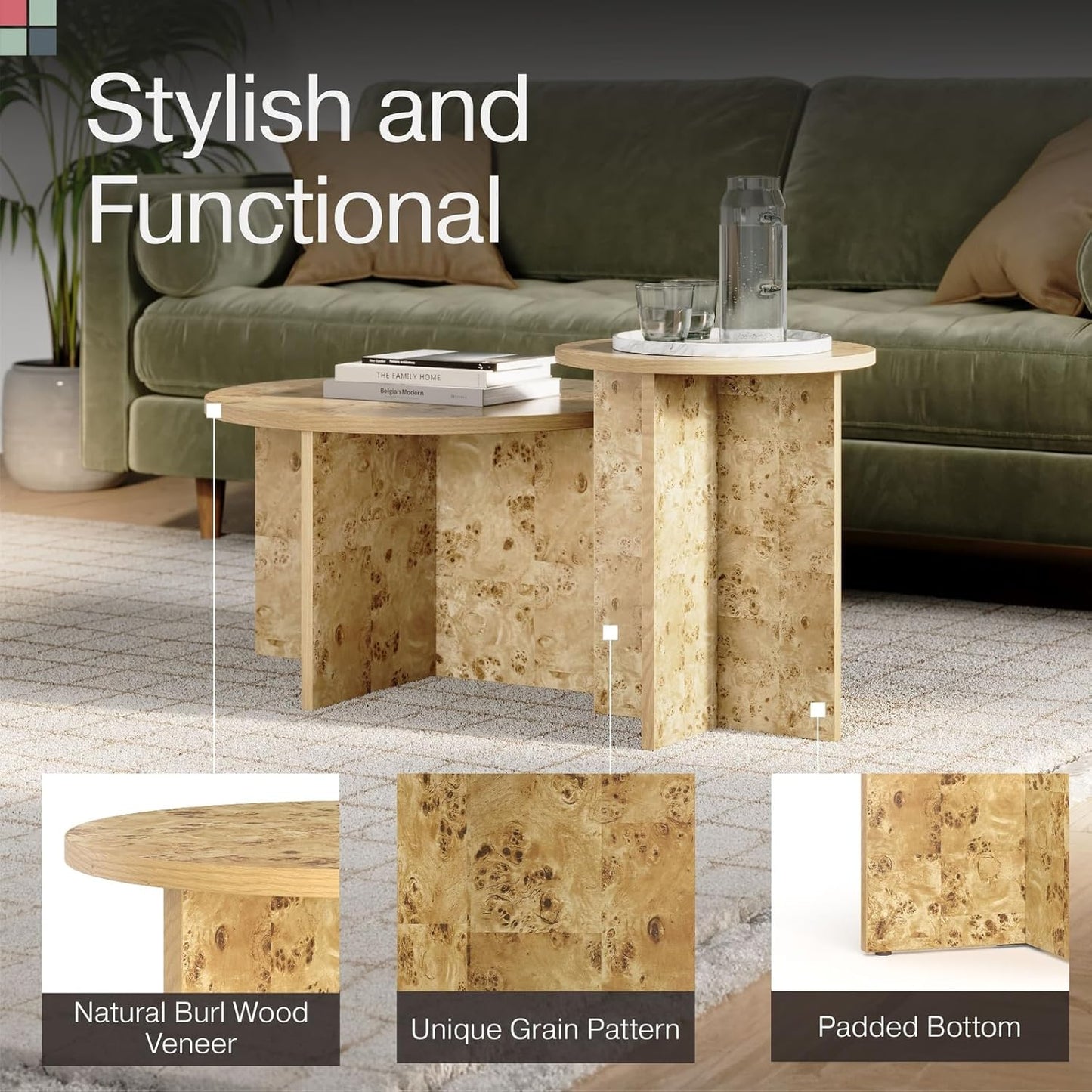 Burl Wood Round Nesting Coffee Tables - Modern Living Room Furniture - Organic Modern Drink Desk - Stylish Home Decor - 2 Piece Tables Set - Burl Top and Base - Regenerative Marketplace
