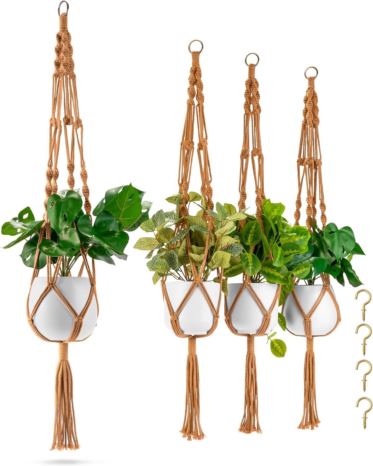Sorbus Macrame Plant Hanger (6 Pack) Indoor Outdoor Hanging Plant Pots Cotton Rope, Elegant for Home, Patio, Garden (Brown) - Regenerative Marketplace