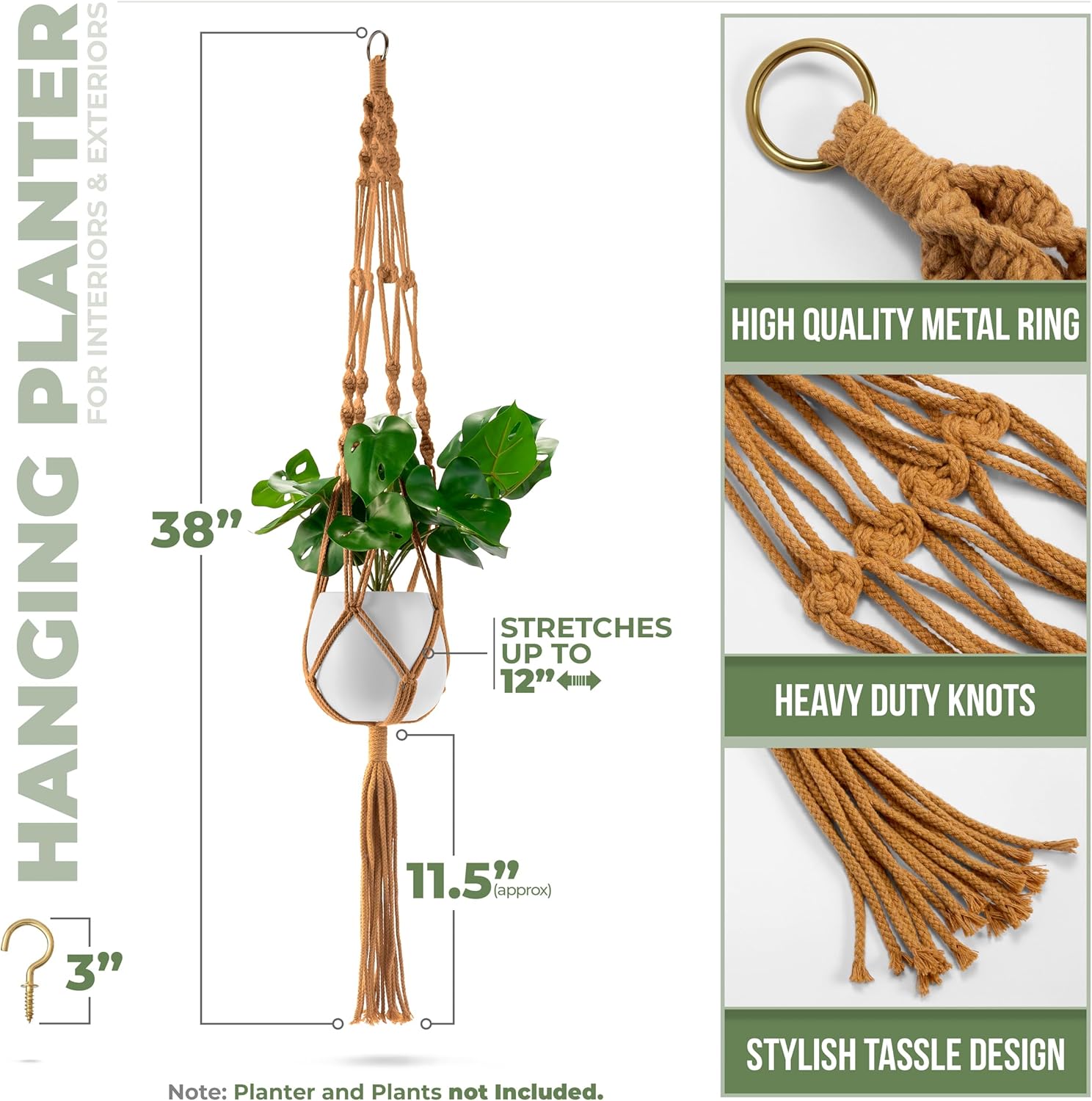 Sorbus Macrame Plant Hanger (6 Pack) Indoor Outdoor Hanging Plant Pots Cotton Rope, Elegant for Home, Patio, Garden (Brown) - Regenerative Marketplace