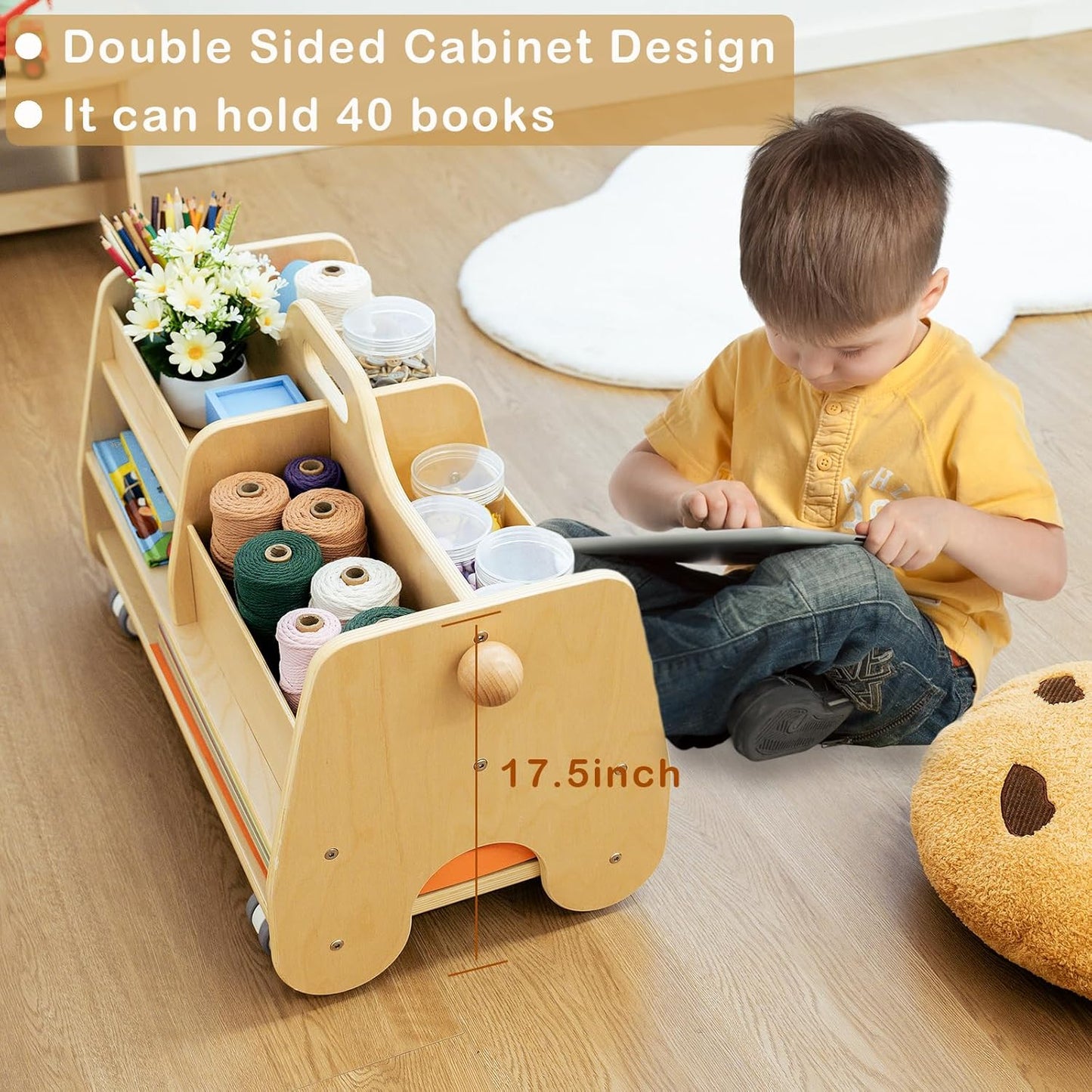 Wooden Storage Organizer Cart for Kids Double - Sided Rolling Utility Cart with Wheels Movable Birch Art Supply Organizer Kids Montessori Furniture for Nursery Kids Room Playroom Natural - Regenerative Marketplace