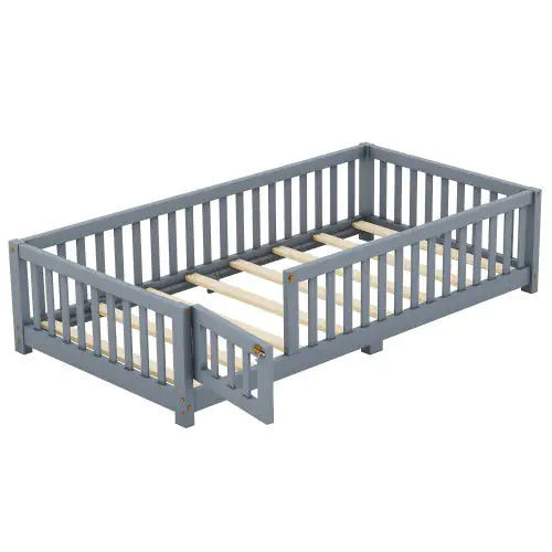 Twin Size Bed Floor Bed With Safety Guardrails And Door For Kids, Gray