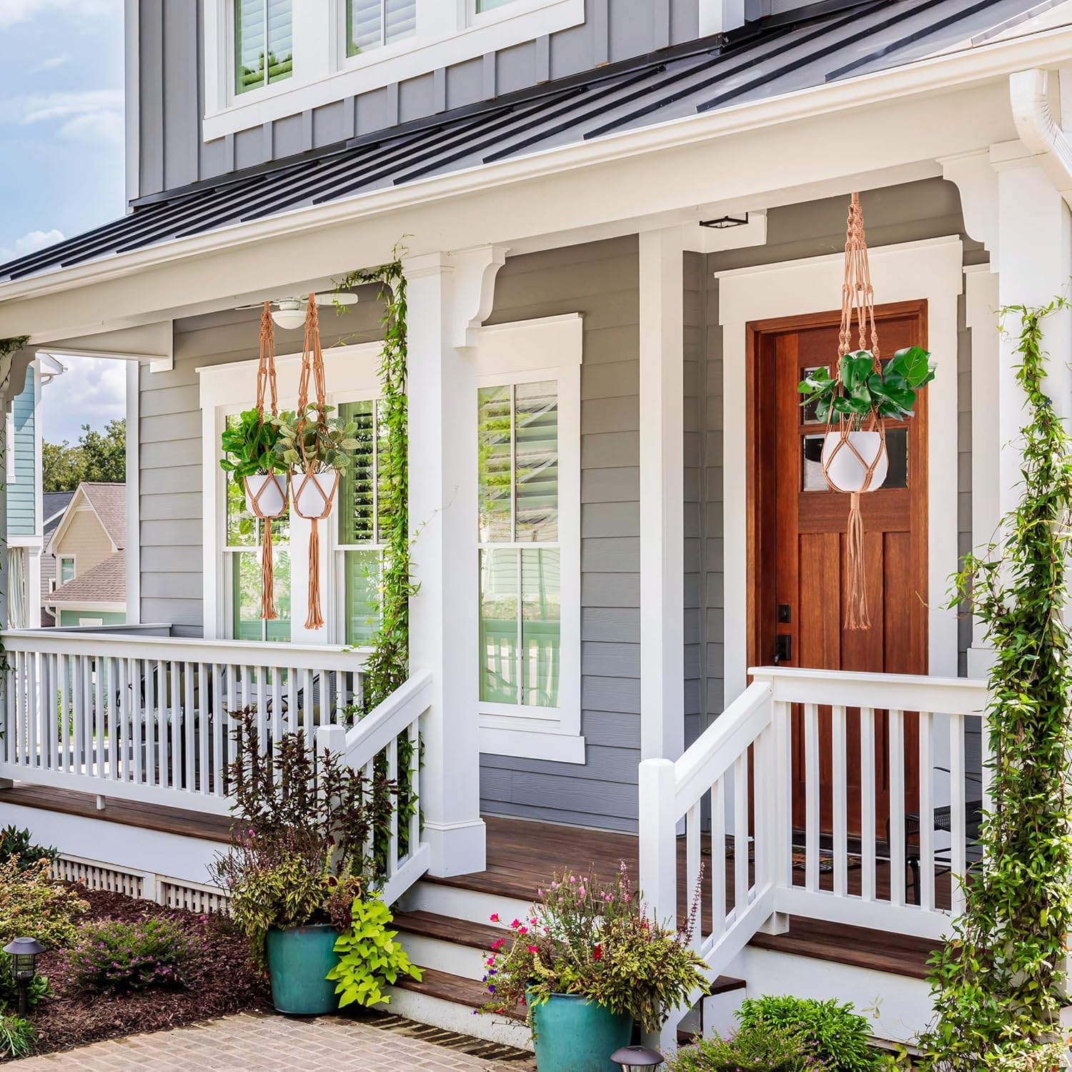 Sorbus Macrame Plant Hanger (6 Pack) Indoor Outdoor Hanging Plant Pots Cotton Rope, Elegant for Home, Patio, Garden (Brown) - Regenerative Marketplace