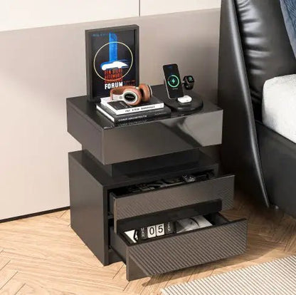 NEW LED Nightstand Modern Black Nightstand With Led Lights Wood Led Bedside Table Nightstand With 2 High Gloss Drawers For Bedroom - Regenerative Marketplace