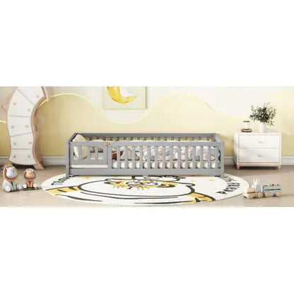 Twin Size Bed Floor Bed With Safety Guardrails And Door For Kids, Gray - Regenerative Marketplace