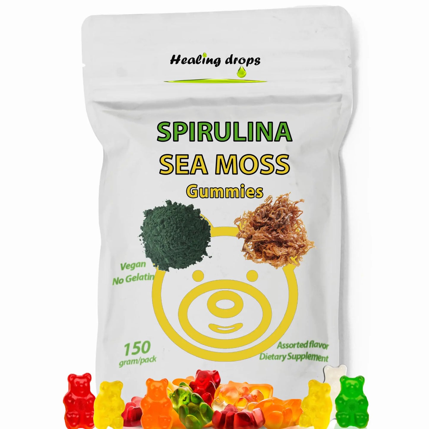 HEALING DROPS Spirulina Gummies Sea Moss Gummies - Superfood Supplement for Overall Wellness - Spirulina Sea Moss Gummy Bears Made with Blue-Green Spirulina Powder & Sea Moss Extract