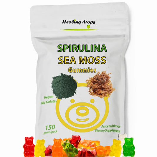 HEALING DROPS Spirulina Gummies Sea Moss Gummies - Superfood Supplement for Overall Wellness - Spirulina Sea Moss Gummy Bears Made with Blue-Green Spirulina Powder & Sea Moss Extract
