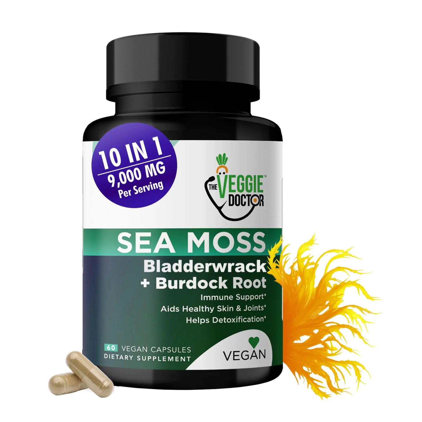 The Veggie Doctor Sea Moss Capsules 9000mg - 60 Vegan Seamoss Pills - Sea Moss Black Seed Oil Ashwagandha Burdock Root & Bladderwrack - Advanced Sea Moss Supplement for Immunity - Seamoss Vitamins