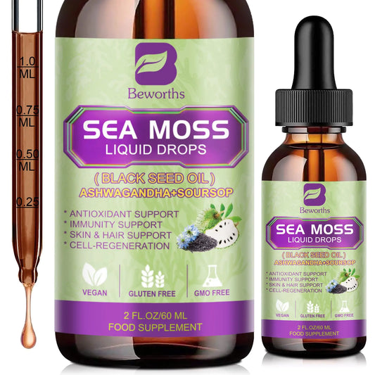 Sea Moss Liquid Drop - Black Seed Oil & Irish Sea Moss Gel with Ashwagandha Soursop Bitters Burdock Root Bladderwrack Elderberry 6X Stronger Seamoss Raw Gel for Immunity Booster Digestive Health