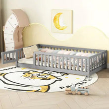 Twin Size Bed Floor Bed With Safety Guardrails And Door For Kids, Gray - Regenerative Marketplace