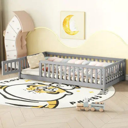 Twin Size Bed Floor Bed With Safety Guardrails And Door For Kids, Gray - Regenerative Marketplace