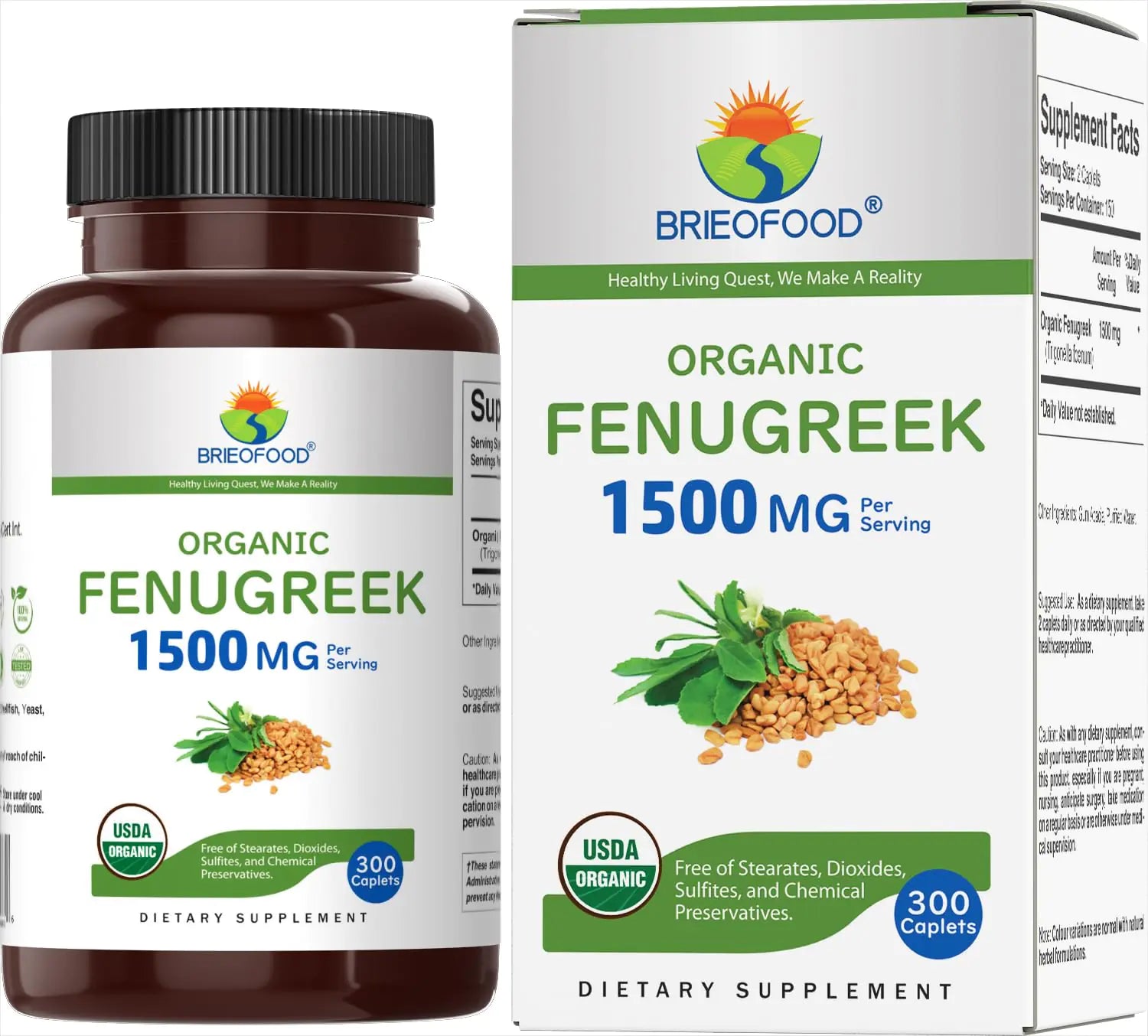 Brieofood Organic Fenugreek 1500mg 150 Servings Vegetarian Gluten Free 300 Vegetarian Tablets - Regenerative Marketplace