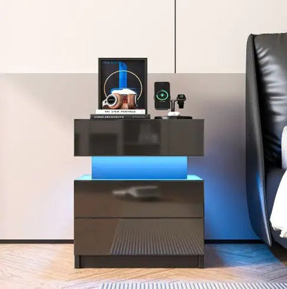 NEW LED Nightstand Modern Black Nightstand With Led Lights Wood Led Bedside Table Nightstand With 2 High Gloss Drawers For Bedroom - Regenerative Marketplace
