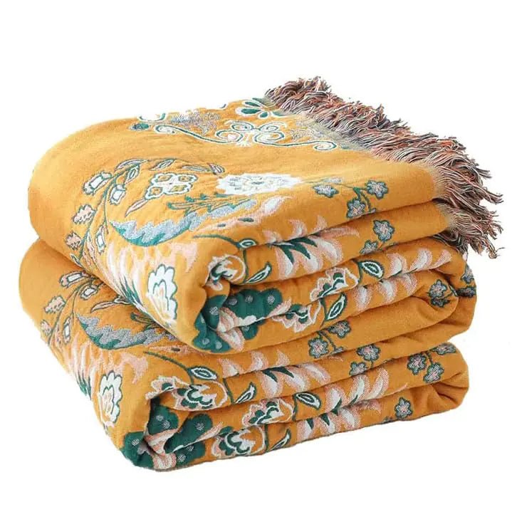 VANJOROY Boho Large Throw Blanket 100% Organic Cotton Soft Sofa Bed Throw - Floral Farmhouse Decor Blanket Reversible Bohemian Throw for Chair Couch Quilt and Gift 91" x 98" - Yellow - Regenerative Marketplace