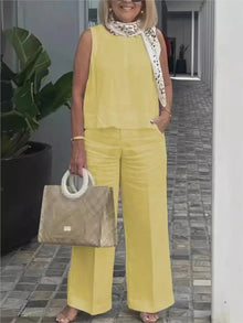 Conjuntos Para Mujeres 2 Piezas Outfit Linen Cotton Clothing Loose Sleeveless Top Wide Leg Pants Two - piece Set Casual Wear - Regenerative Marketplace