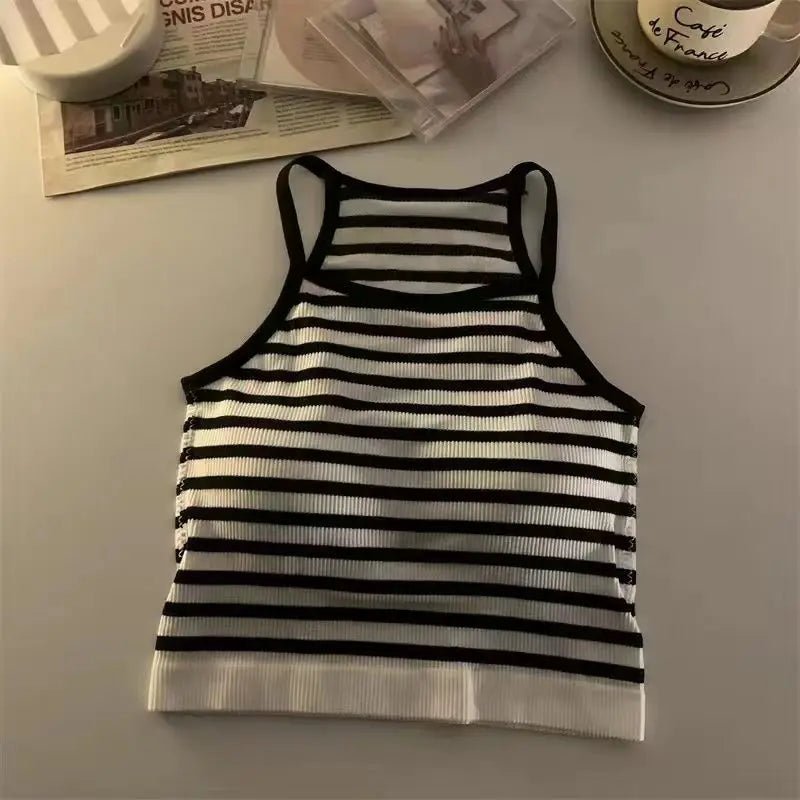 Korean Version Women Tank Tops Thread Solid Casual Fashion Crop Top with Chest Pad Stripe Sleeveless Outer Wear Basic Camisole - Regenerative Marketplace