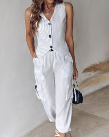 Women's Tank Top and Pants Set 2024 Spring/Summer New Women's Casual Stripe Asymmetric Tank Top and Flipped Pants Set - Regenerative Marketplace