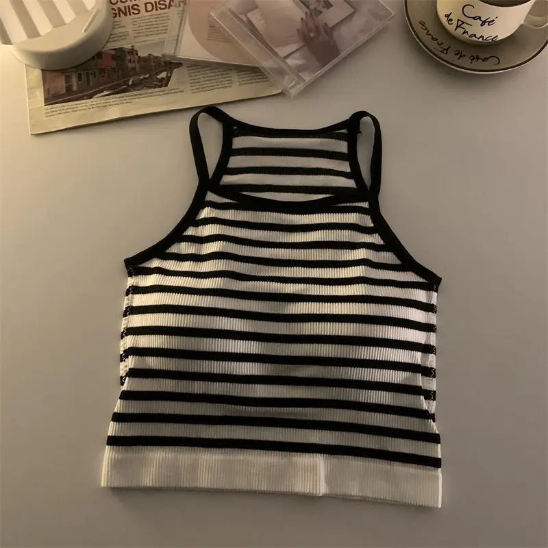 Korean Version Women Tank Tops Thread Solid Casual Fashion Crop Top with Chest Pad Stripe Sleeveless Outer Wear Basic Camisole - Regenerative Marketplace