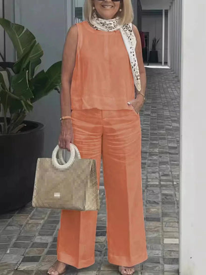 Conjuntos Para Mujeres 2 Piezas Outfit Linen Cotton Clothing Loose Sleeveless Top Wide Leg Pants Two - piece Set Casual Wear - Regenerative Marketplace