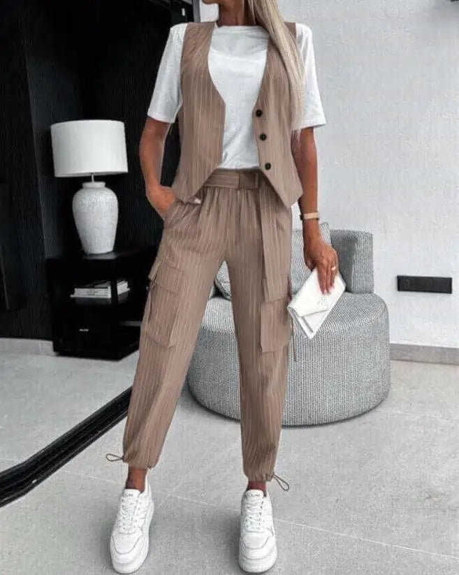 Women's Tank Top and Pants Set 2024 Spring/Summer New Women's Casual Stripe Asymmetric Tank Top and Flipped Pants Set - Regenerative Marketplace