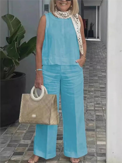 Conjuntos Para Mujeres 2 Piezas Outfit Linen Cotton Clothing Loose Sleeveless Top Wide Leg Pants Two - piece Set Casual Wear - Regenerative Marketplace