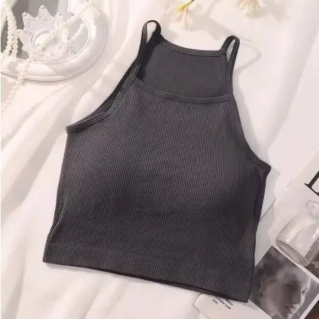 Korean Version Women Tank Tops Thread Solid Casual Fashion Crop Top with Chest Pad Stripe Sleeveless Outer Wear Basic Camisole - Regenerative Marketplace