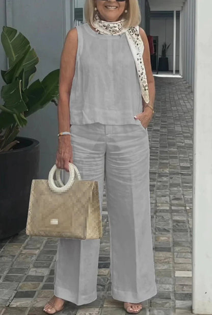 Conjuntos Para Mujeres 2 Piezas Outfit Linen Cotton Clothing Loose Sleeveless Top Wide Leg Pants Two - piece Set Casual Wear - Regenerative Marketplace